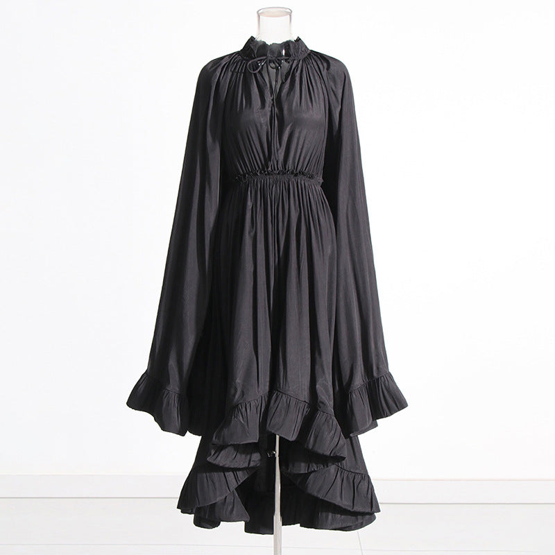 Designed V Neck Ruffled Long Sleeves Cloak Dresses-Dresses-Black-S-Free Shipping Leatheretro