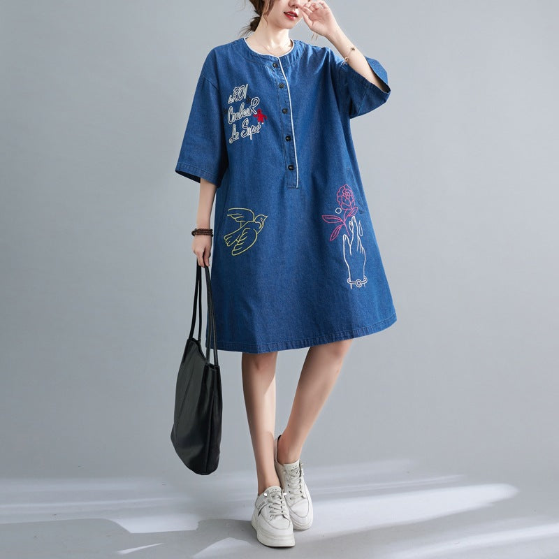 Ethnic Embroidery Plus Sizes Denim Midi Dresses-Dresses-Black-One Size-Free Shipping Leatheretro