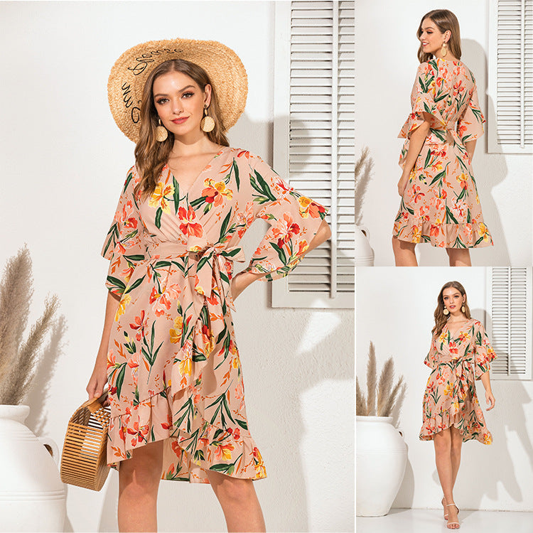 Casual V Neck Floral Print Ruffled Short Daily Dresses-Dresses-Apricot-S-Free Shipping Leatheretro