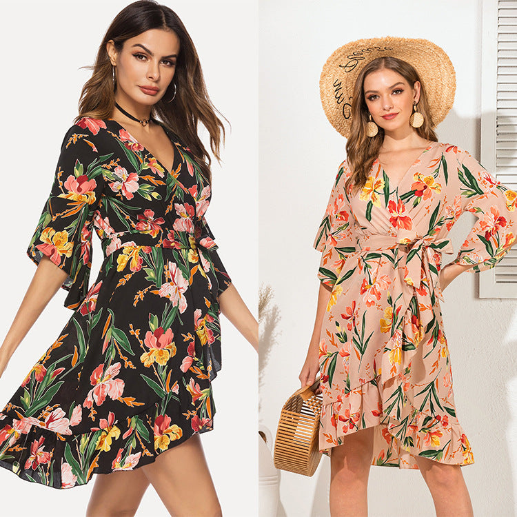 Casual V Neck Floral Print Ruffled Short Daily Dresses-Dresses-Black-S-Free Shipping Leatheretro