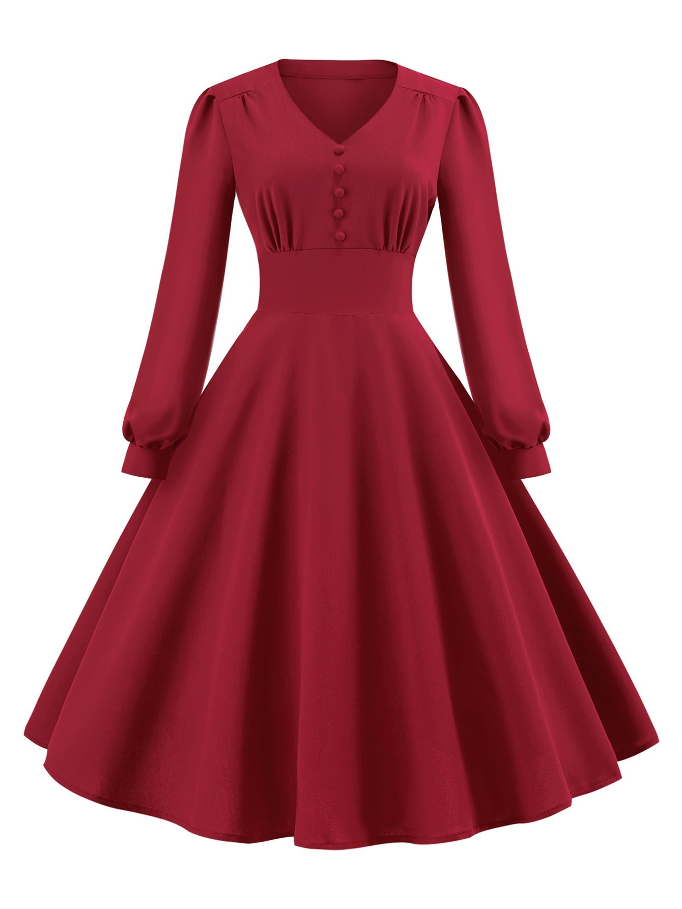 Vintage Long Sleeves Dresses with Button-Dresses-Red-S-Free Shipping Leatheretro