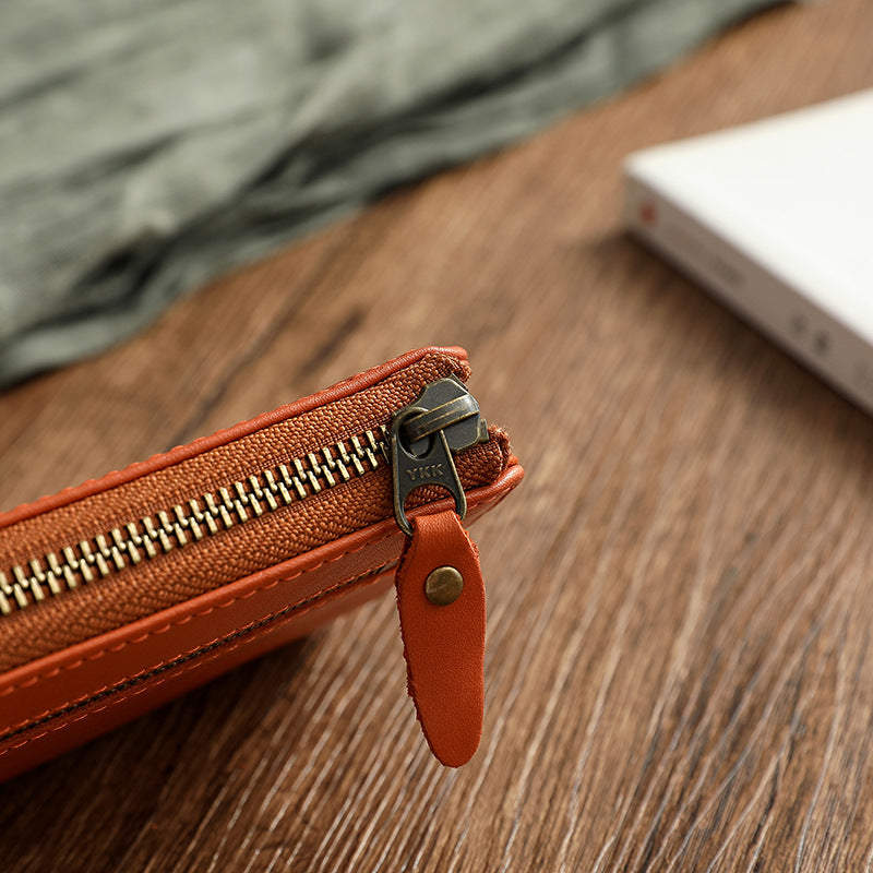 Vintage Vege Tanned Leather Long Zipper Wallets 19055-Handbags, Wallets & Cases-Black-Free Shipping Leatheretro