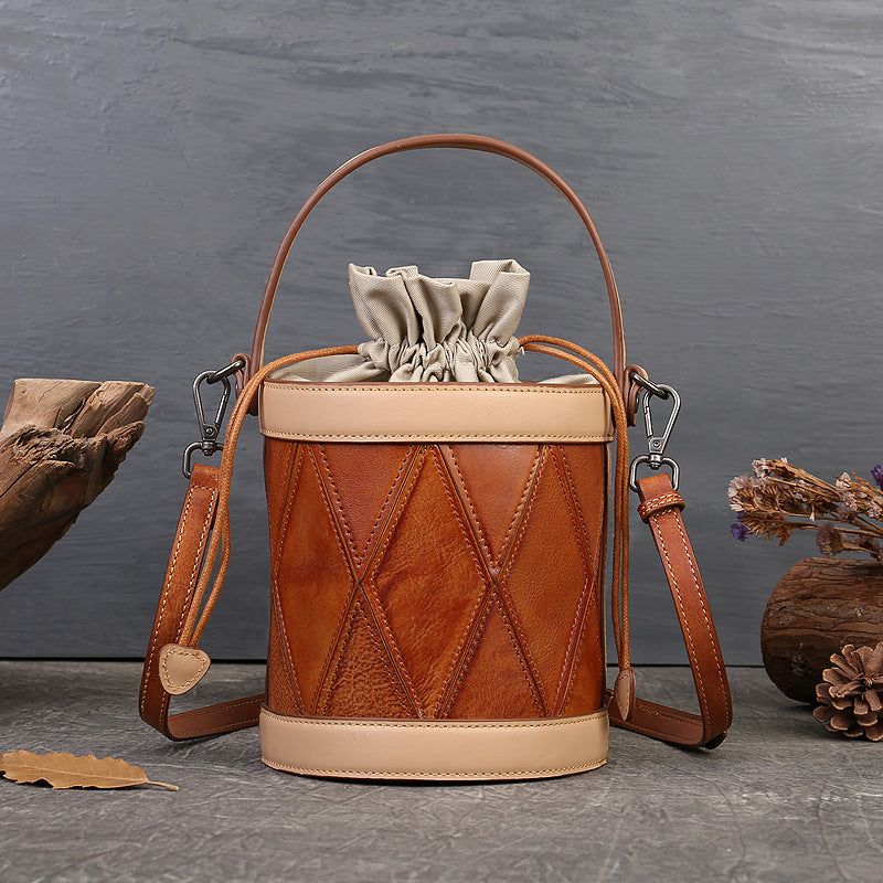 Vintage Cowhide Leather Clutch Bucket Handbags 8777-Handbags, Wallets & Cases-Brown-Free Shipping Leatheretro