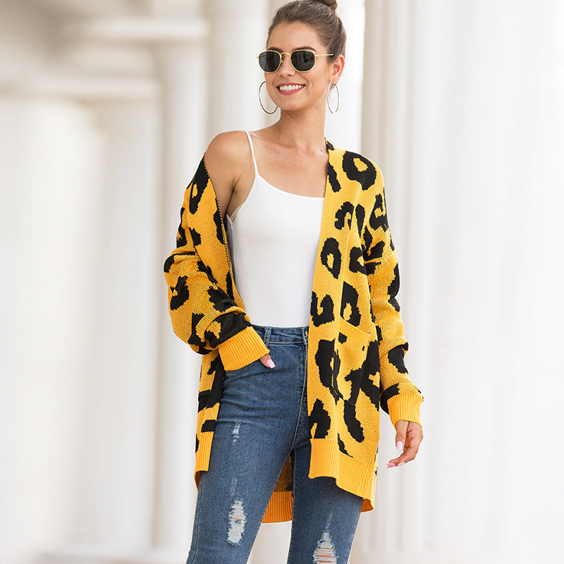 Women Leopard Design Pockets Knitting Cardigans-Shirts & Tops-White-S-Free Shipping Leatheretro