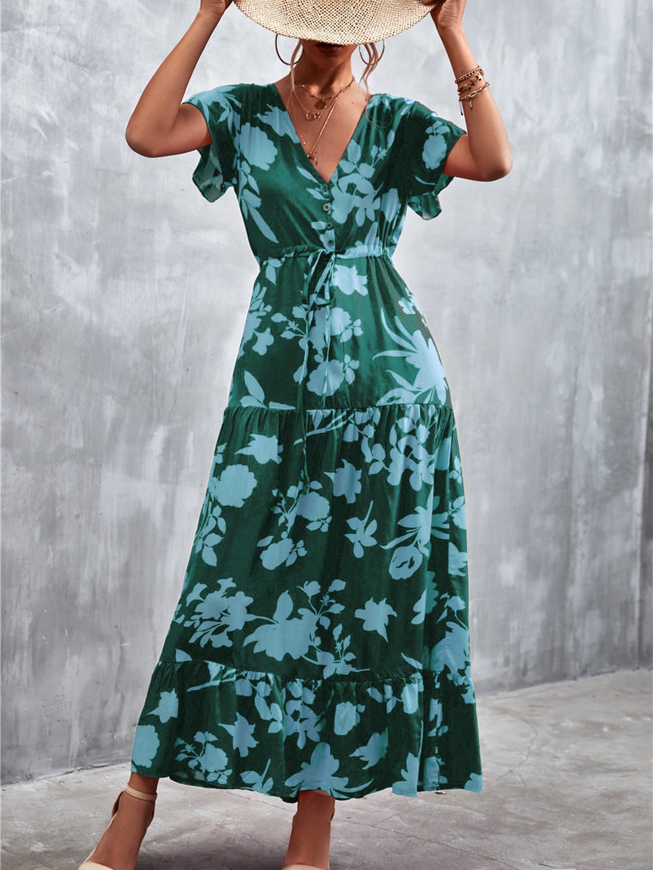 Casual V Neck Long Maxi Dresses-Dresses-Dark Green-S-Free Shipping Leatheretro