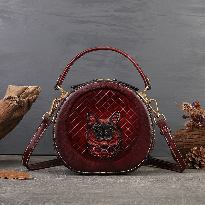 Cute Round Shape Cat Design Leather Handle Handbags 6222-Brown-Free Shipping Leatheretro