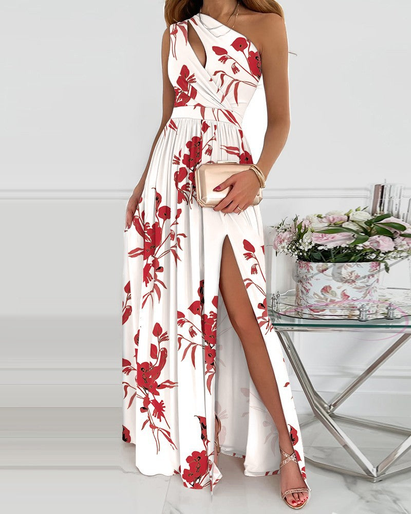 Sexy One Shoulder Split Front Summer Long Dresses-Maxi Dreses-Red Flower-S-Free Shipping Leatheretro