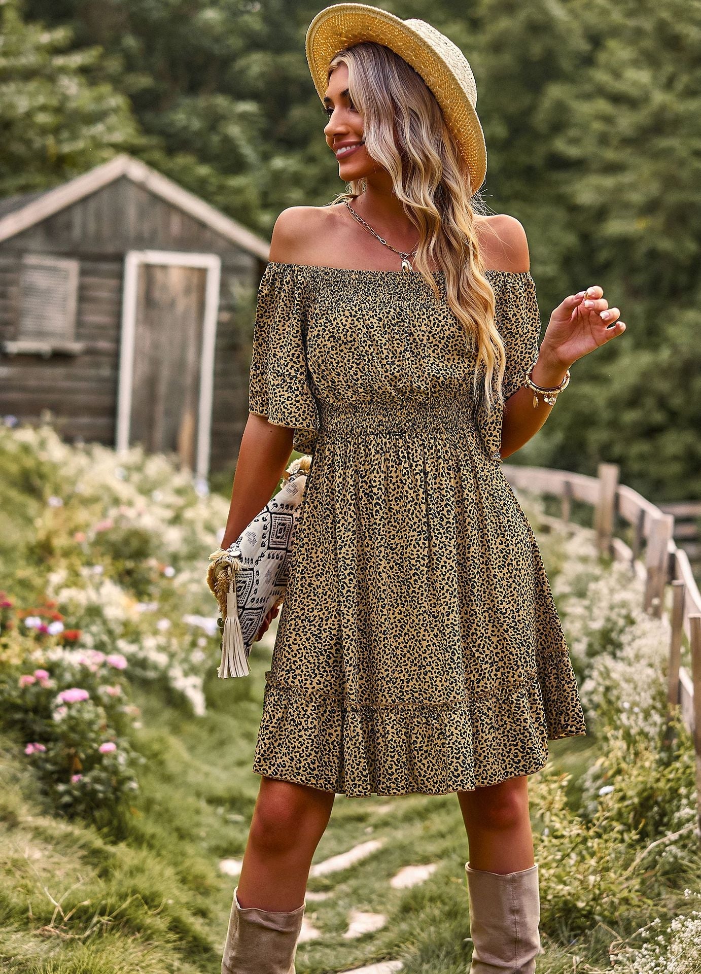 Casual Off The Shoulder A Line Dresses-Dresses-Brown-S-Free Shipping Leatheretro