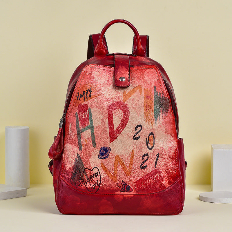Vintage Graffiti Leather Backback for Women C313-Leatehr Backpack-Red-Free Shipping Leatheretro