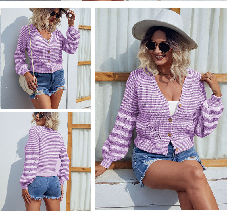 Casual Fall Knitted Striped Cardigan Coats for Women-Shirts & Tops-Purple-S-Free Shipping Leatheretro