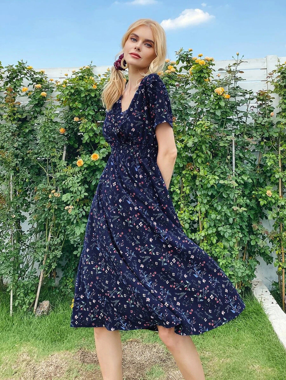Summer Floral Print Short Sleeves Summer Daily Dresses-Dresses-Dark Blue-S-Free Shipping Leatheretro