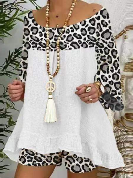 Plus Size Summer Leopard Linen Blouses&Shorts Suits-Shirts&Blouses-White-S-Free Shipping Leatheretro