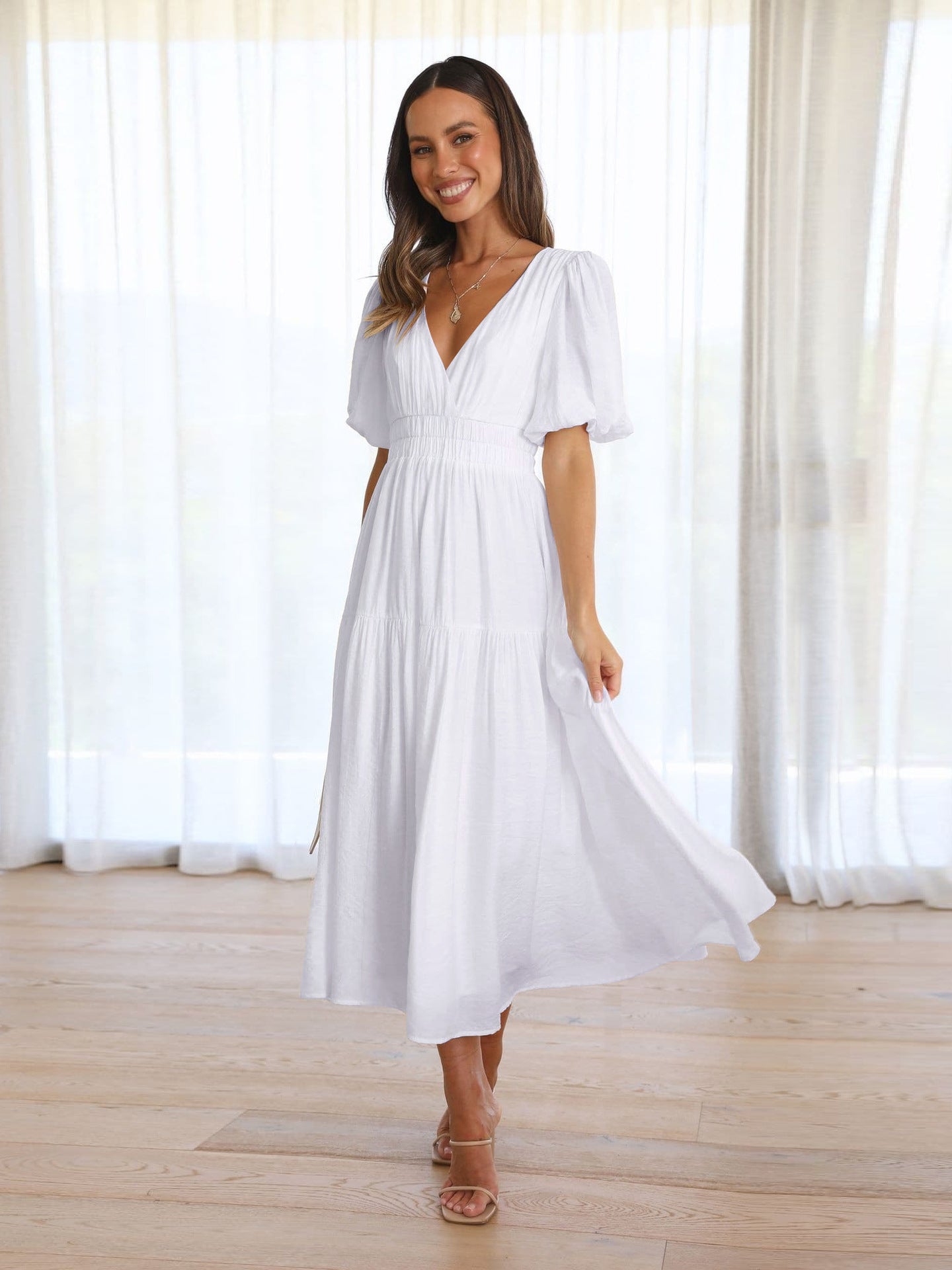 Summer V Neck Holiday Dresses for Women-Dresses-White-S-Free Shipping Leatheretro