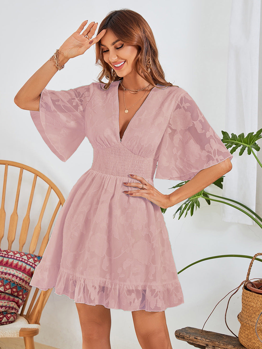 Summer Chiffon Summer A Line Short Dresses-Dresses-Pink-S-Free Shipping Leatheretro