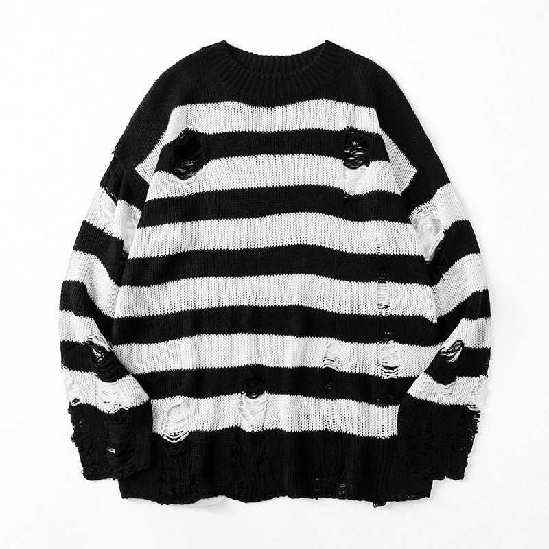 Casual Broken Holes Striped Knitting Sweaters for Couple-Shirts & Tops-Black-S-Free Shipping Leatheretro