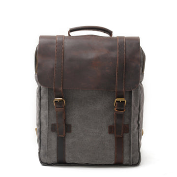 Men's Leisure Leather Canvas Traveling Backpack 6820-Leather Canvas Backpack-Khaki-Free Shipping Leatheretro