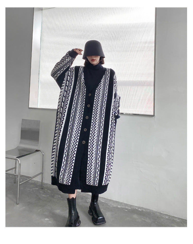 Casual Black Striped Long Knitting Cardigan Tops-Outerwear-Black-One Size-Free Shipping Leatheretro
