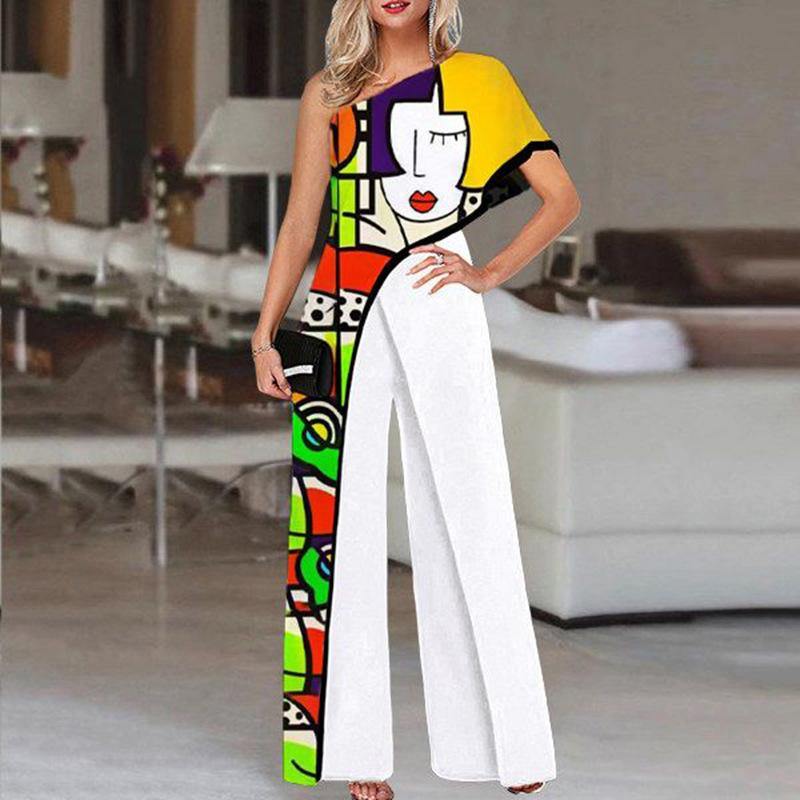 One Shoulder Graffiti High Waist Jumpsuits-One Piece Suits-The same as picture-S-Free Shipping Leatheretro