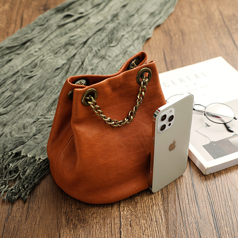 Vintage Vege Tanned Leather Bucket Bag with Chains 21032-Yellow-Free Shipping Leatheretro