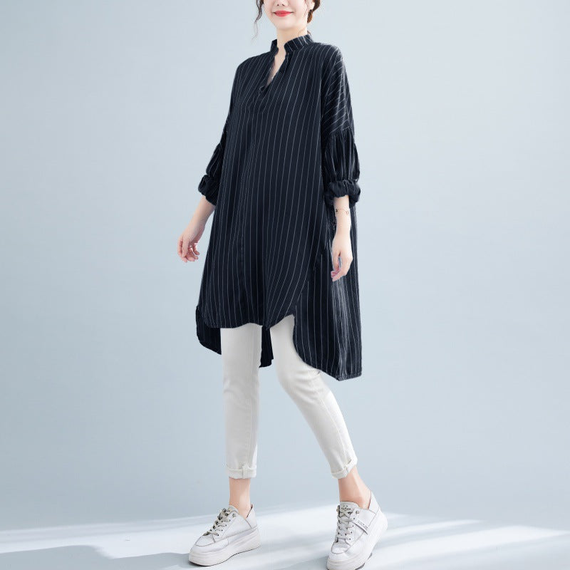 Designed Striped Long Shirts Dresses for Women-Dresses-Black-One Size-Free Shipping Leatheretro