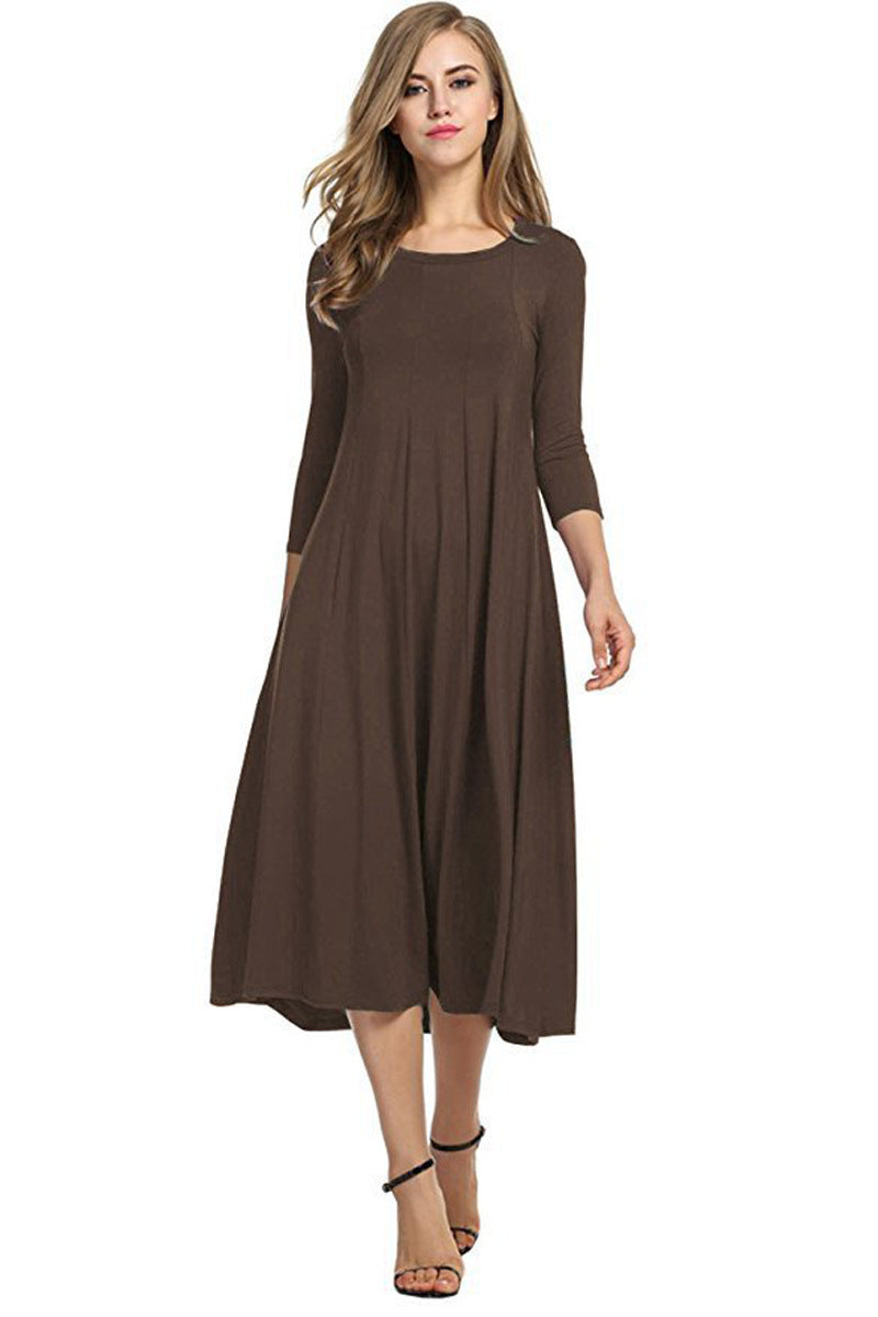 Casual Simple Design Round Neck Midi Dresses-Dresses-Coffee-S-Free Shipping Leatheretro