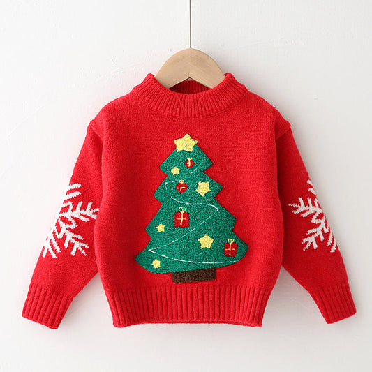 Christmas Tree Design Pullover Sweaters for Kids-Shirts & Tops-Red-90cm-Free Shipping Leatheretro