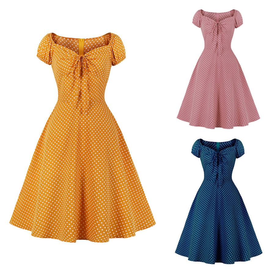 Women Short Sleeves Dot Print Vintage Dresses-Vintage Dresses-Pink-S-Free Shipping Leatheretro