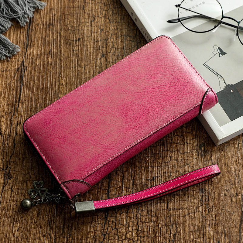 Large Storage Leather Purses for Women W5428-Leather Wallet-Pink-Free Shipping Leatheretro