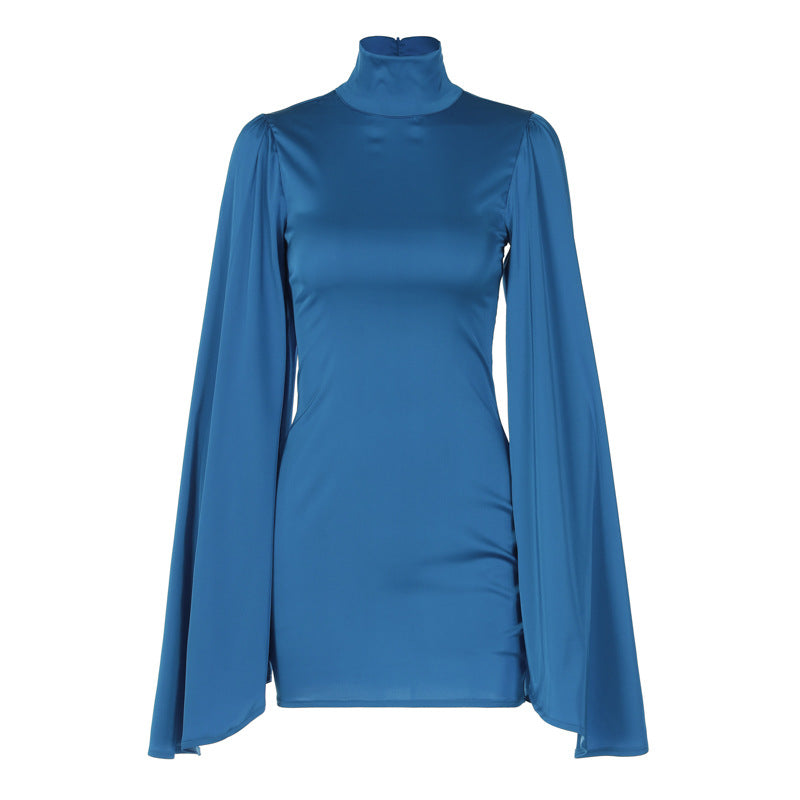 Sexy High Neck Bodycon Long Sleeves Short Dresses-Dresses-Blue-S-Free Shipping Leatheretro