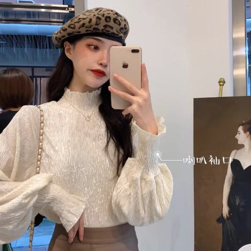 Fashion High Neck Long Sleeves Shirts Blouses-Shirts & Tops-Apricot-One Size-Free Shipping Leatheretro