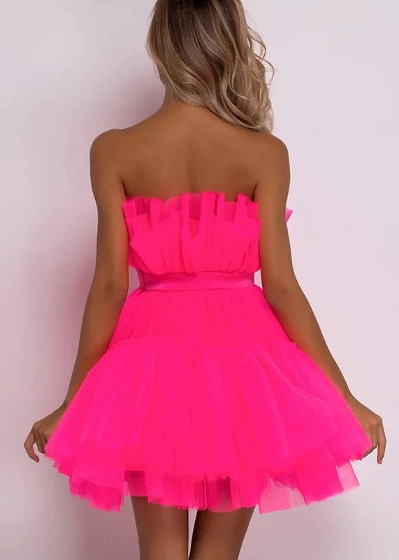 Sexy Strapless Tulle Bowknot Ball Gown Pary Dresses-Dresses-Pink-S-Free Shipping Leatheretro