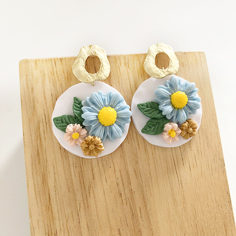 Engraved Flowers Handmade Clay Earrings for Women-Earrings-6-Free Shipping Leatheretro