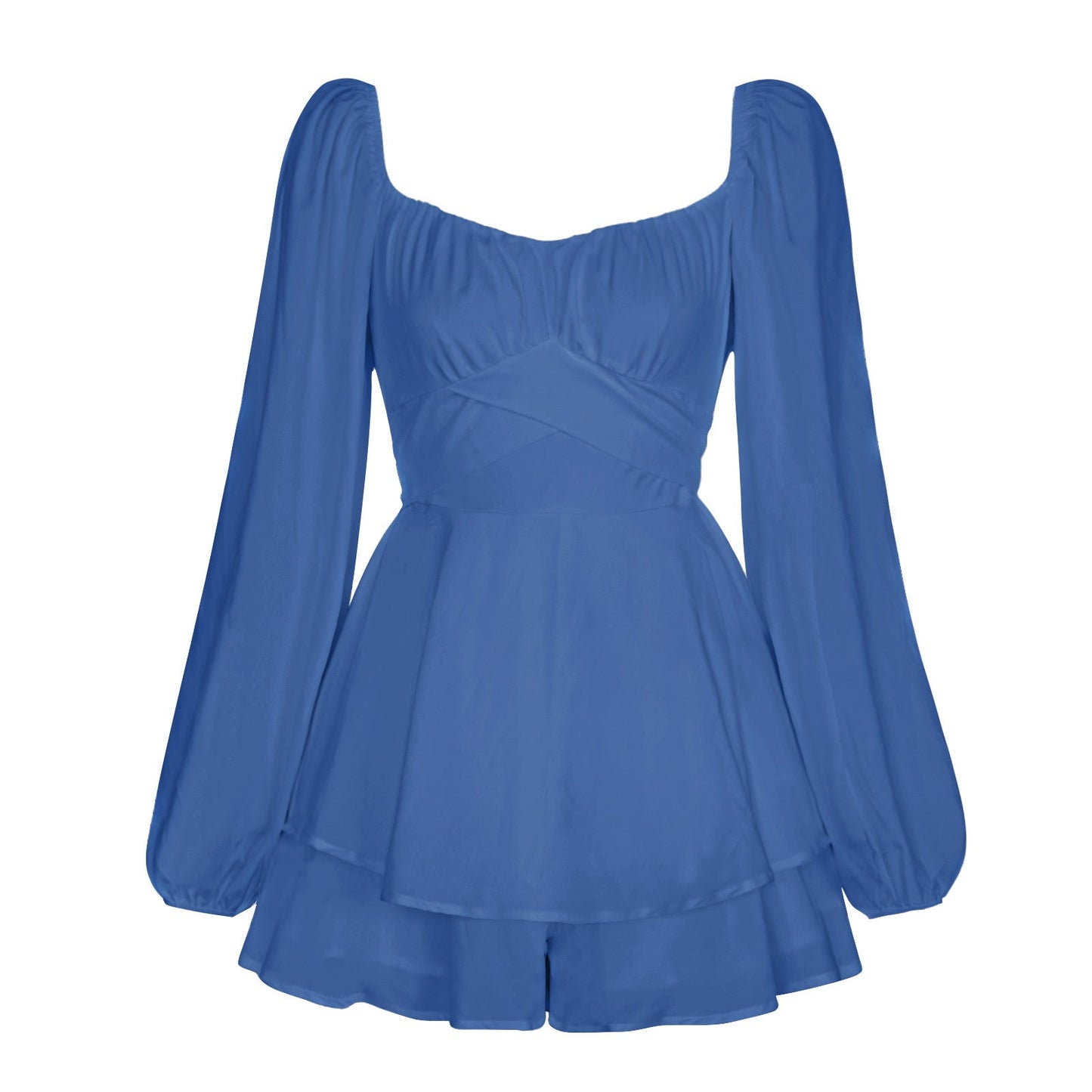 Sexy Square Neckline Long Sleeves Women Mini Dresses-Dresses-Blue-S-Free Shipping Leatheretro