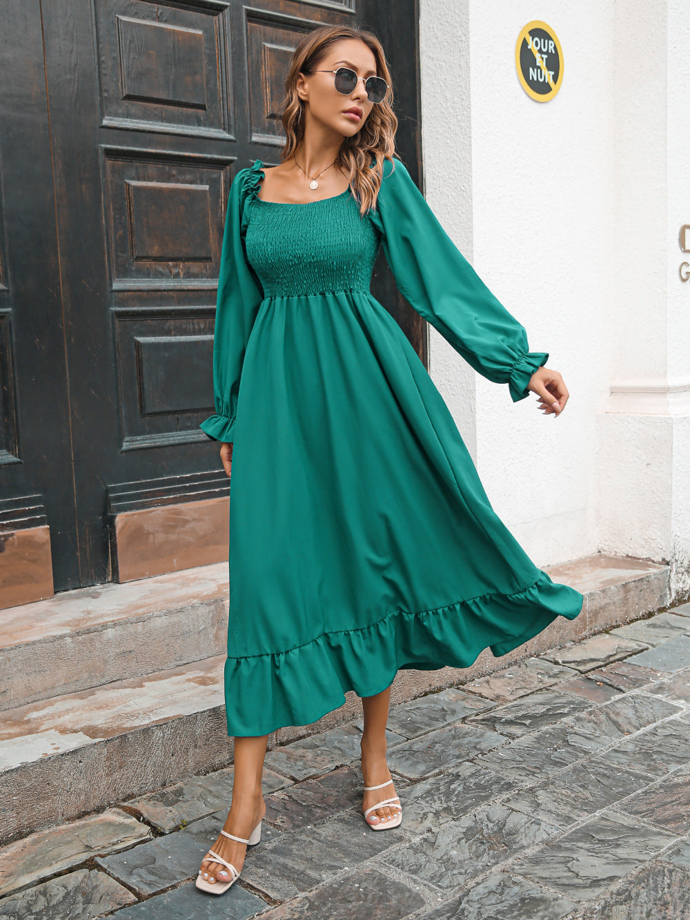 Casual Ruffled Long Sleeves Fall Dresses-Dresses-Green-S-Free Shipping Leatheretro