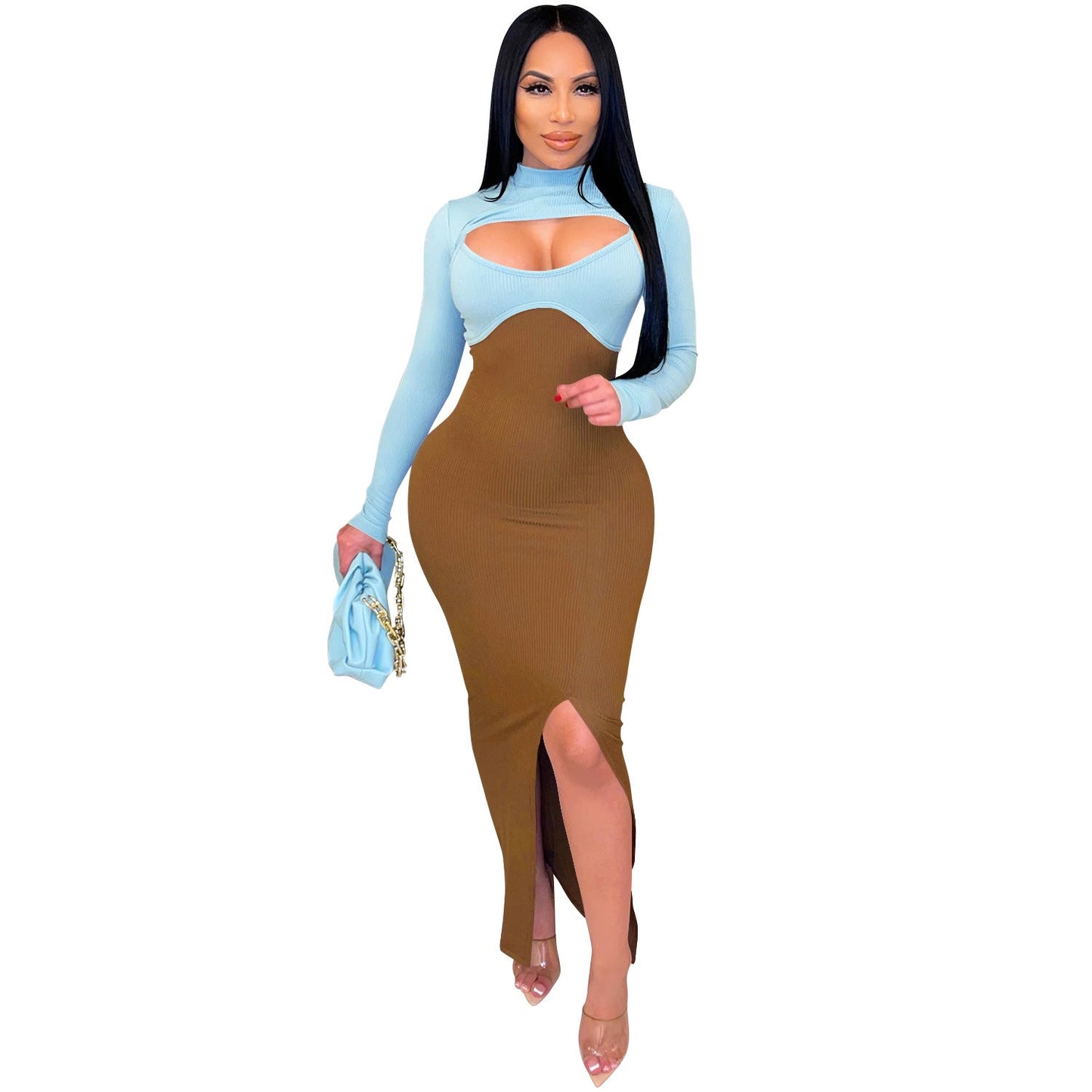 Sexy Constract Color Tight Dresses for Women-Dresses-Brown-S-Free Shipping Leatheretro