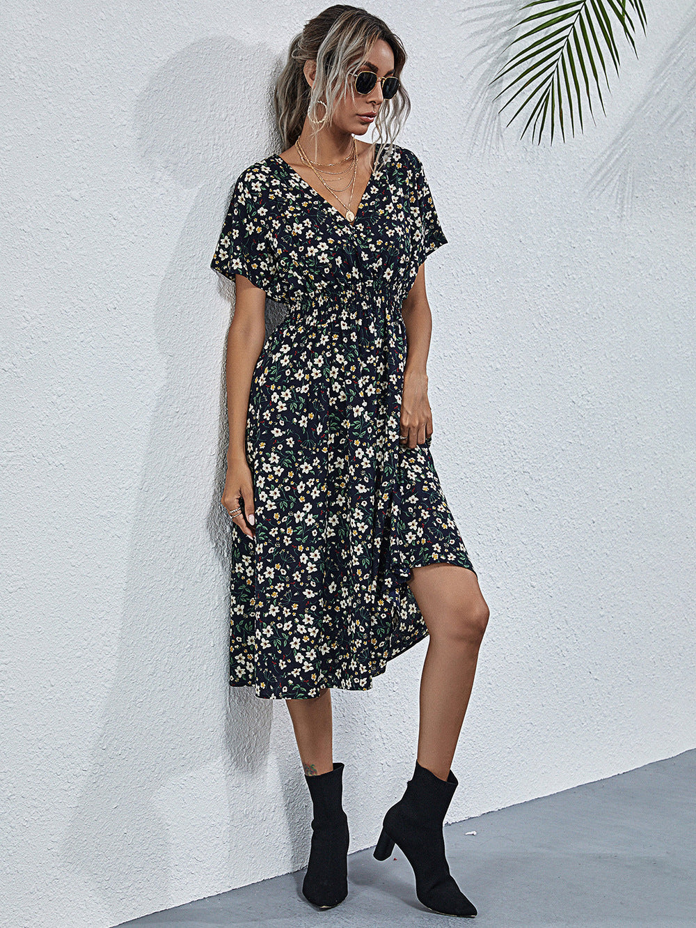 Summer Floral Print Short Sleeves Summer Daily Dresses-Dresses-Yellow-S-Free Shipping Leatheretro