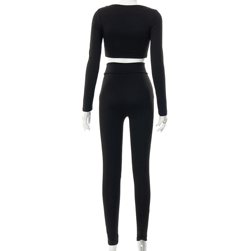 Women High Waist Legging Pants and Long Sleeves Short Tops-Suits-Black-S-Free Shipping Leatheretro