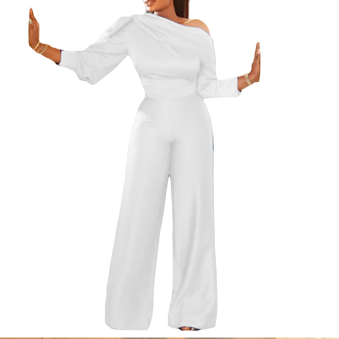 Sexy One Shoulder Long Sleeves Plus Sizes Jumpsuits-Suits-White-S-Free Shipping Leatheretro