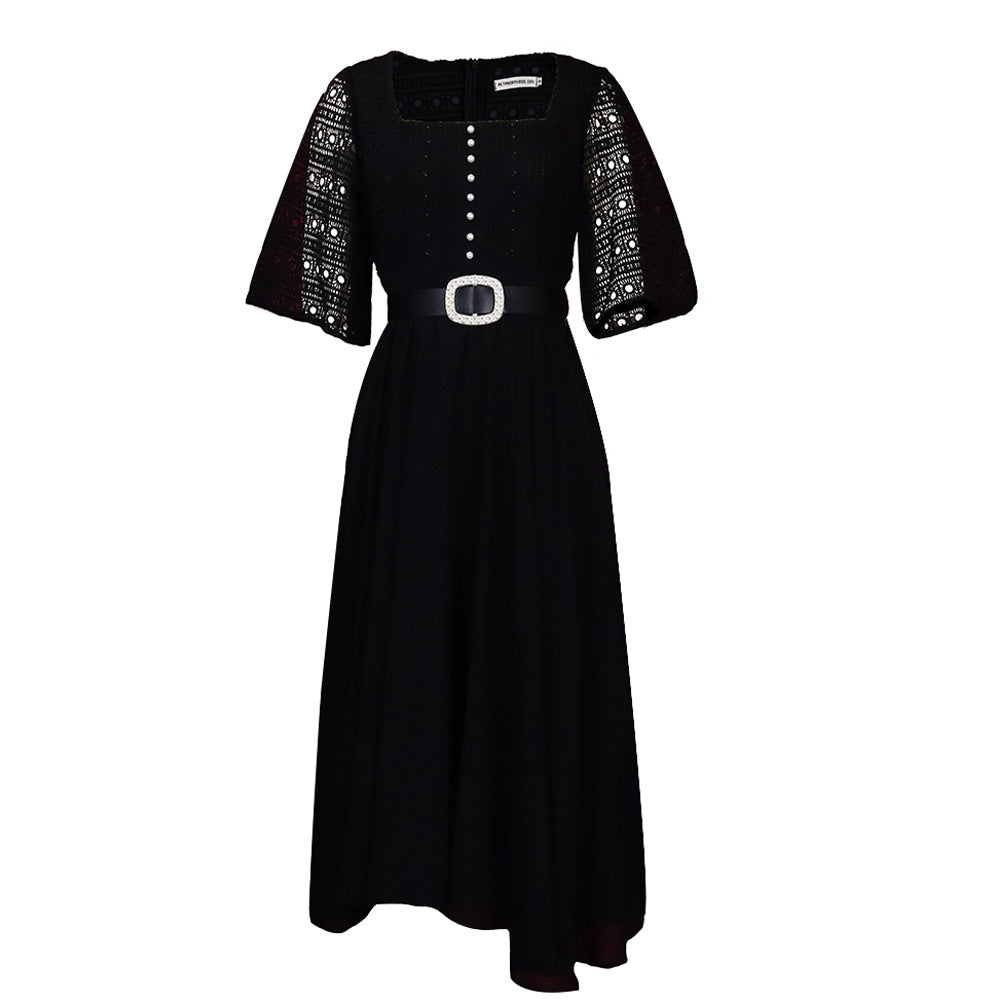 Elegant Chiffon Women Dresses with Belt-Dresses-Black-S-Free Shipping Leatheretro