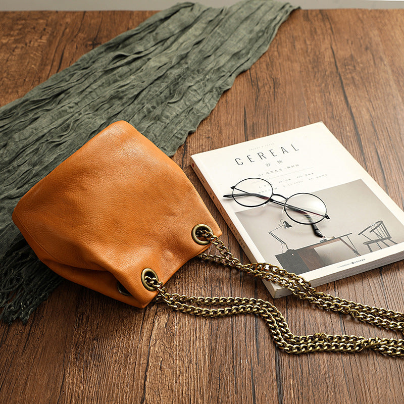 Vintage Vege Tanned Leather Bucket Bag with Chains 21032-Yellow-Free Shipping Leatheretro