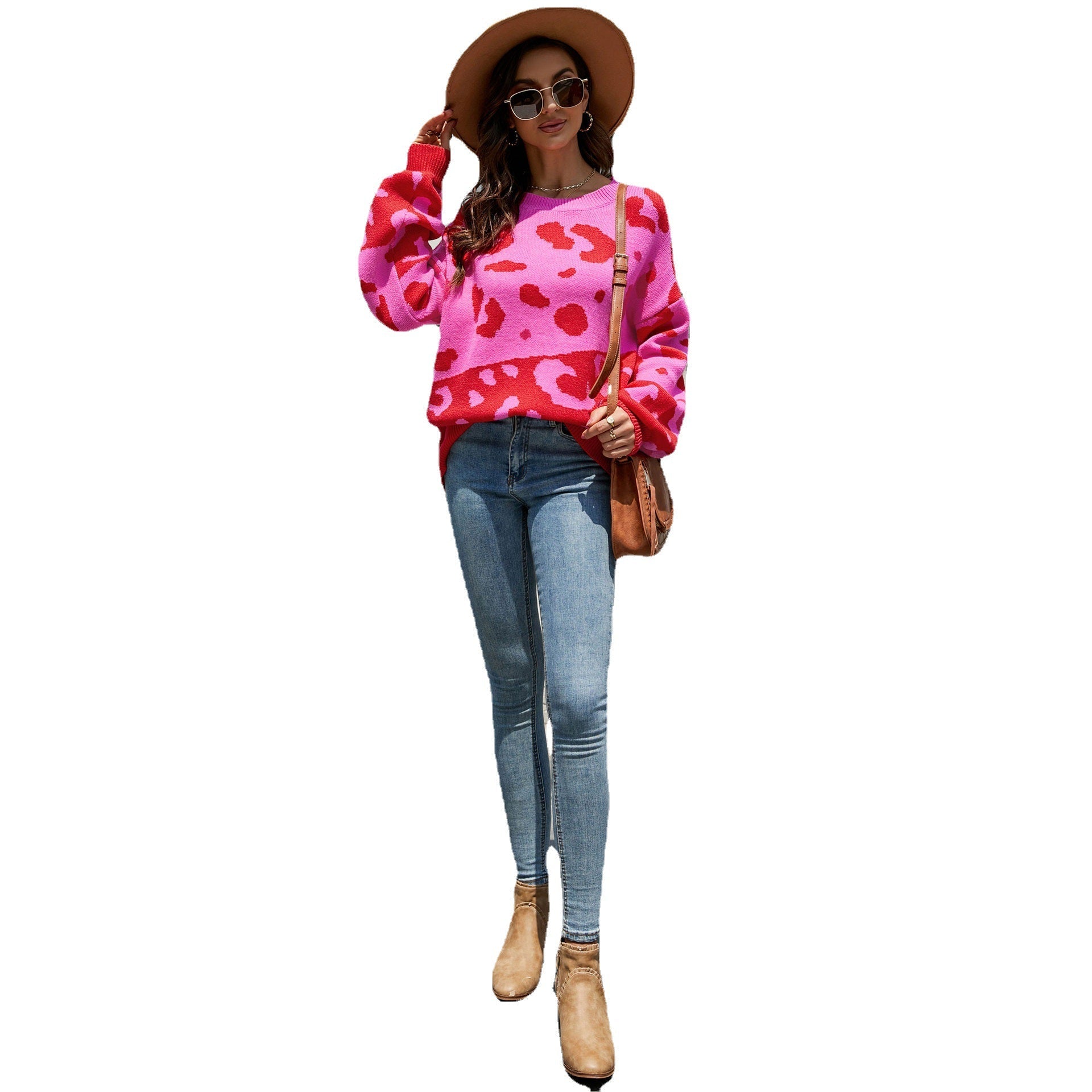 Fashion Round Neck Leopard Knitted Pullover Sweaters-Shirts & Tops-Pink-S-Free Shipping Leatheretro