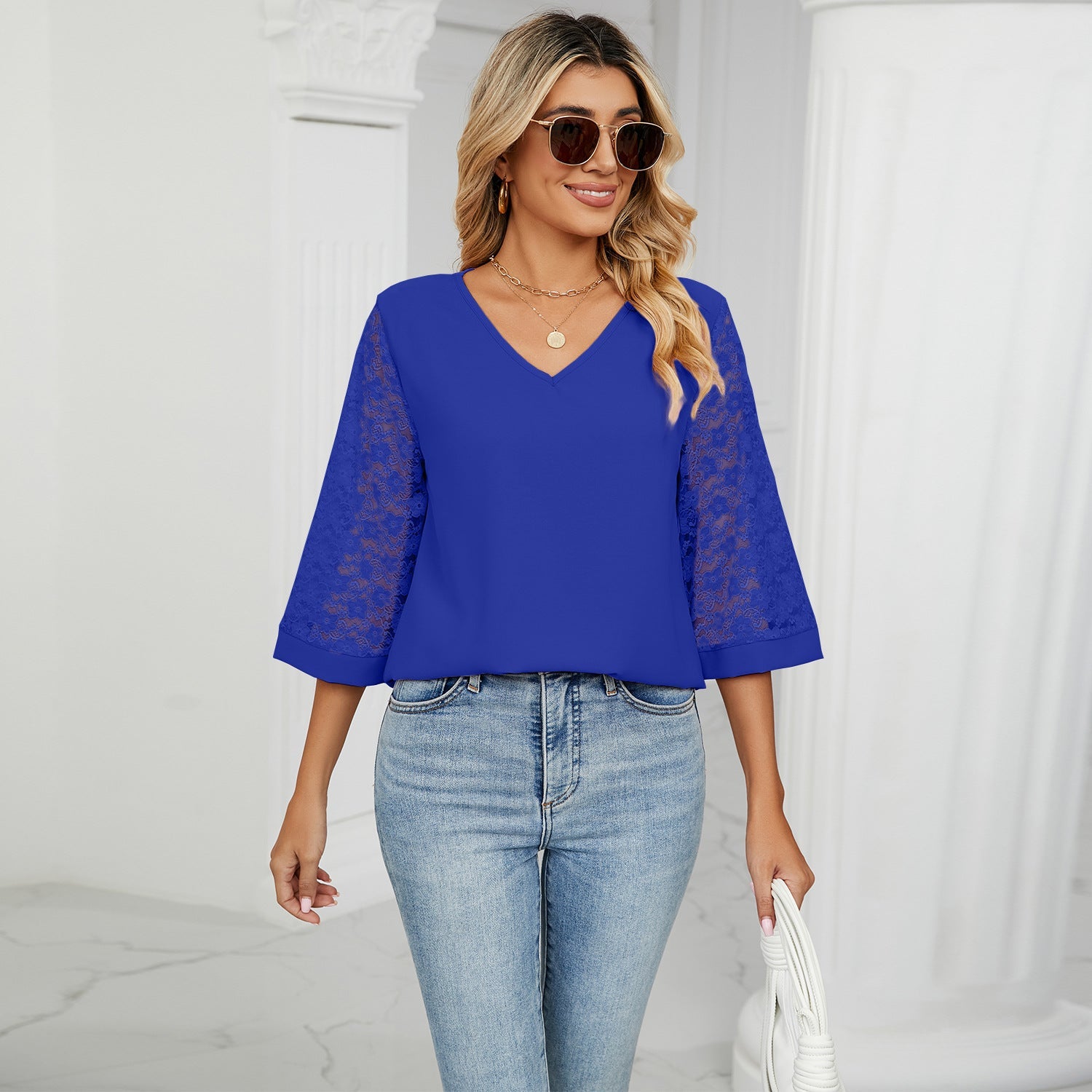 Fashion Summer Chiffon 3/4 Sleeves Women Blouses-Shirts & Tops-Blue-S-Free Shipping Leatheretro