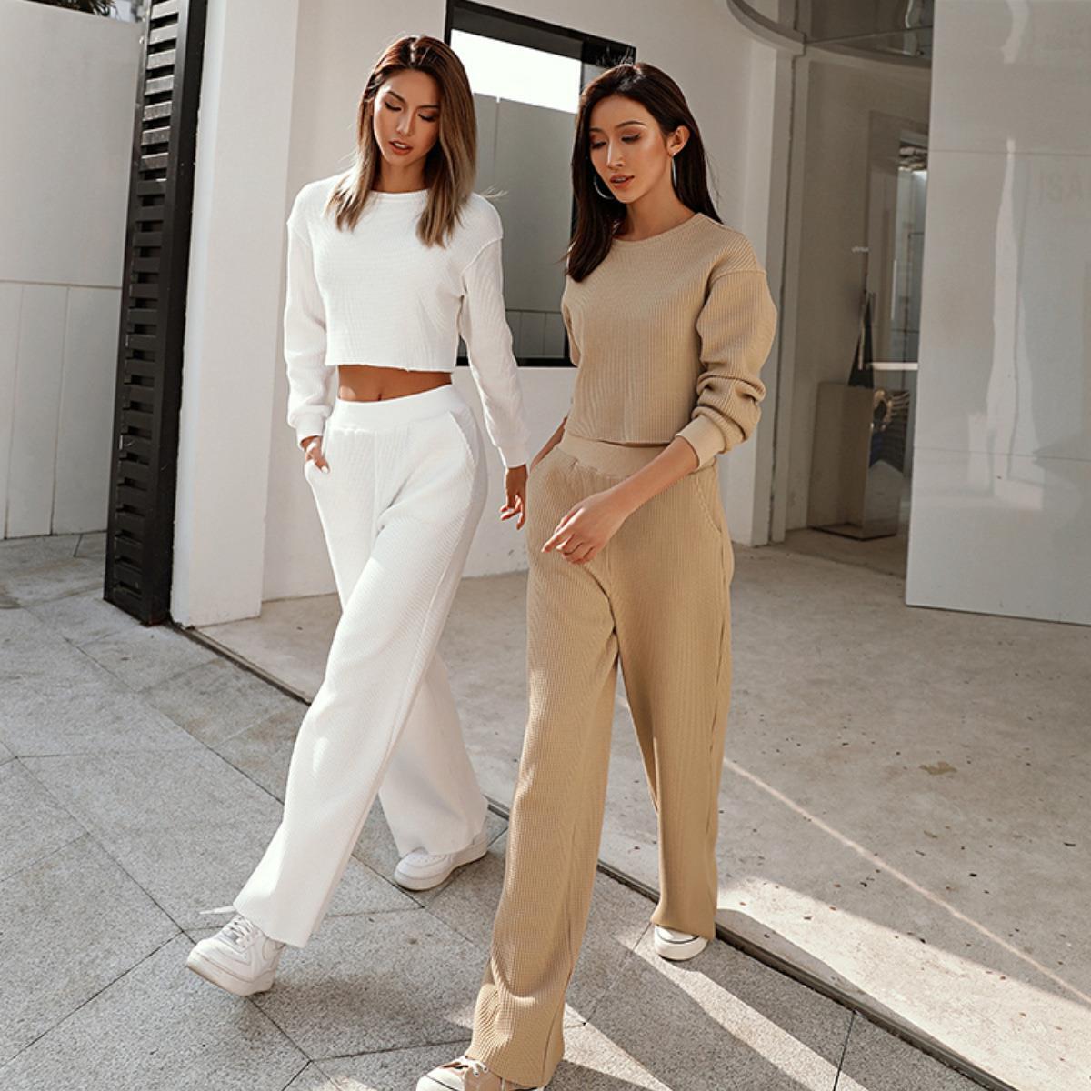 Casual Fall/Winter Two Pieces Tops & Wide Legs Pants-Suits-White-S-Free Shipping Leatheretro