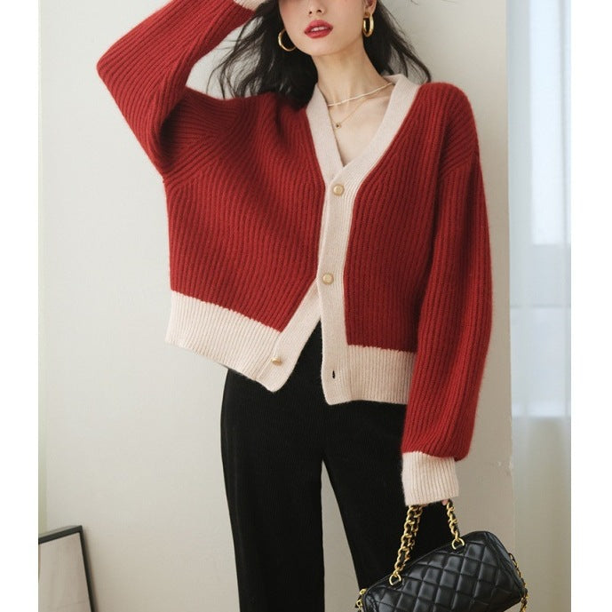 Fashion V Neck Lazy Style Knitted Cardigan Sweaters-Shirts & Tops-Wine Red-One size-Free Shipping Leatheretro