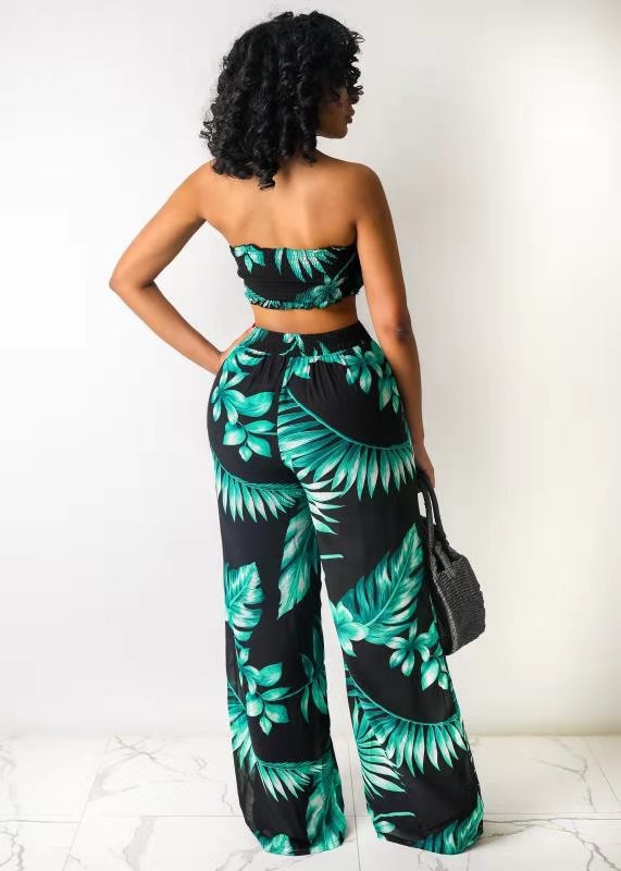 Summer Sexy Leaf Print Two Pieces Suits-Suits-Black&Green-S-Free Shipping Leatheretro