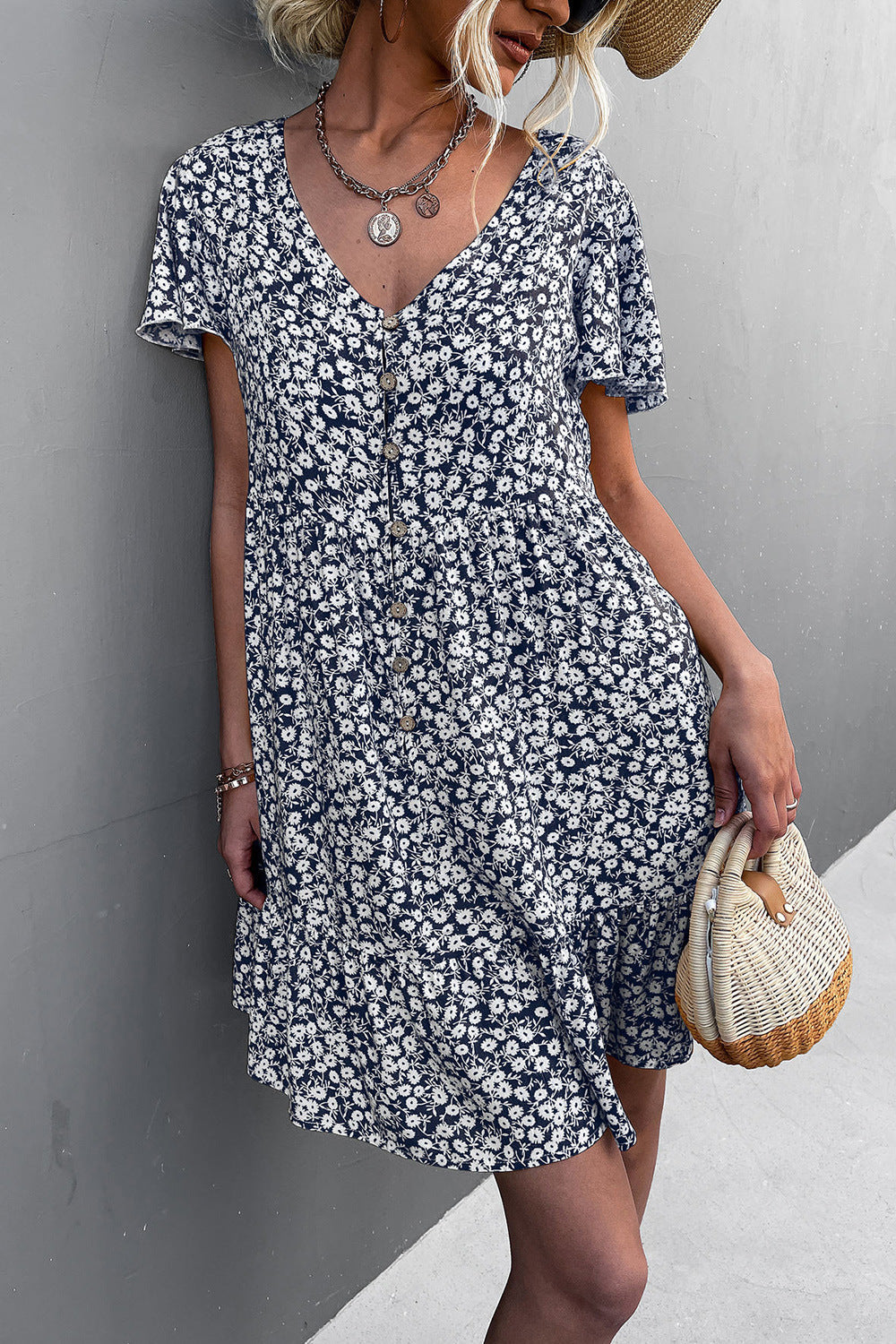 Leisure Floral Print Summer Short Dresses-Dresses-Navy Blue-S-Free Shipping Leatheretro