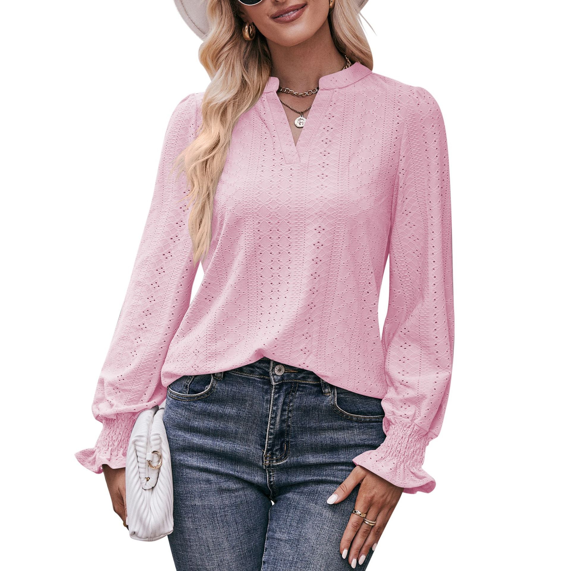 Casual V Neck Long Sleeves Fall Shirts-Shirts & Tops-Pink-S-Free Shipping Leatheretro