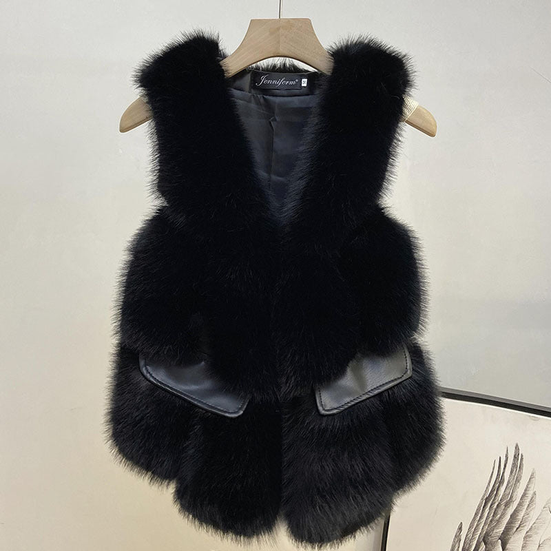 Winter Man Made Fox Fur Short Top Vest for Women-vest-黑色（口袋盖马甲）-S-Free Shipping Leatheretro