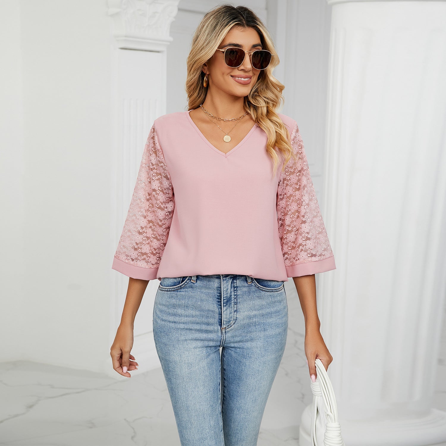 Fashion Summer Chiffon 3/4 Sleeves Women Blouses-Shirts & Tops-Pink-S-Free Shipping Leatheretro