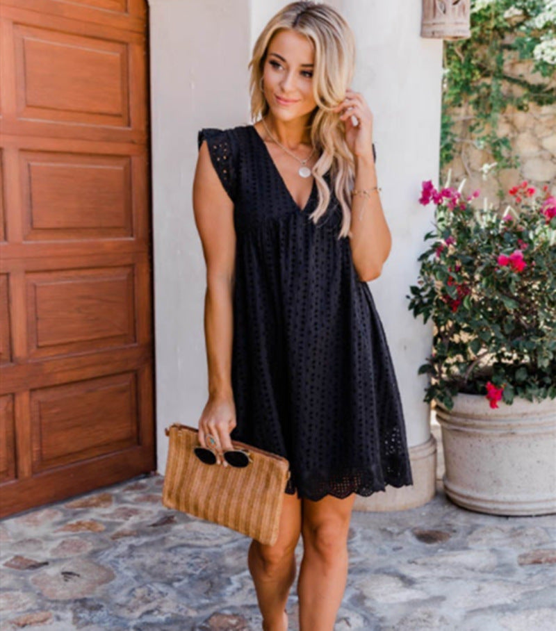 Summer Lace Hollow Out Sleeveless Daily Sun Dresses-Dresses-Black-S-Free Shipping Leatheretro